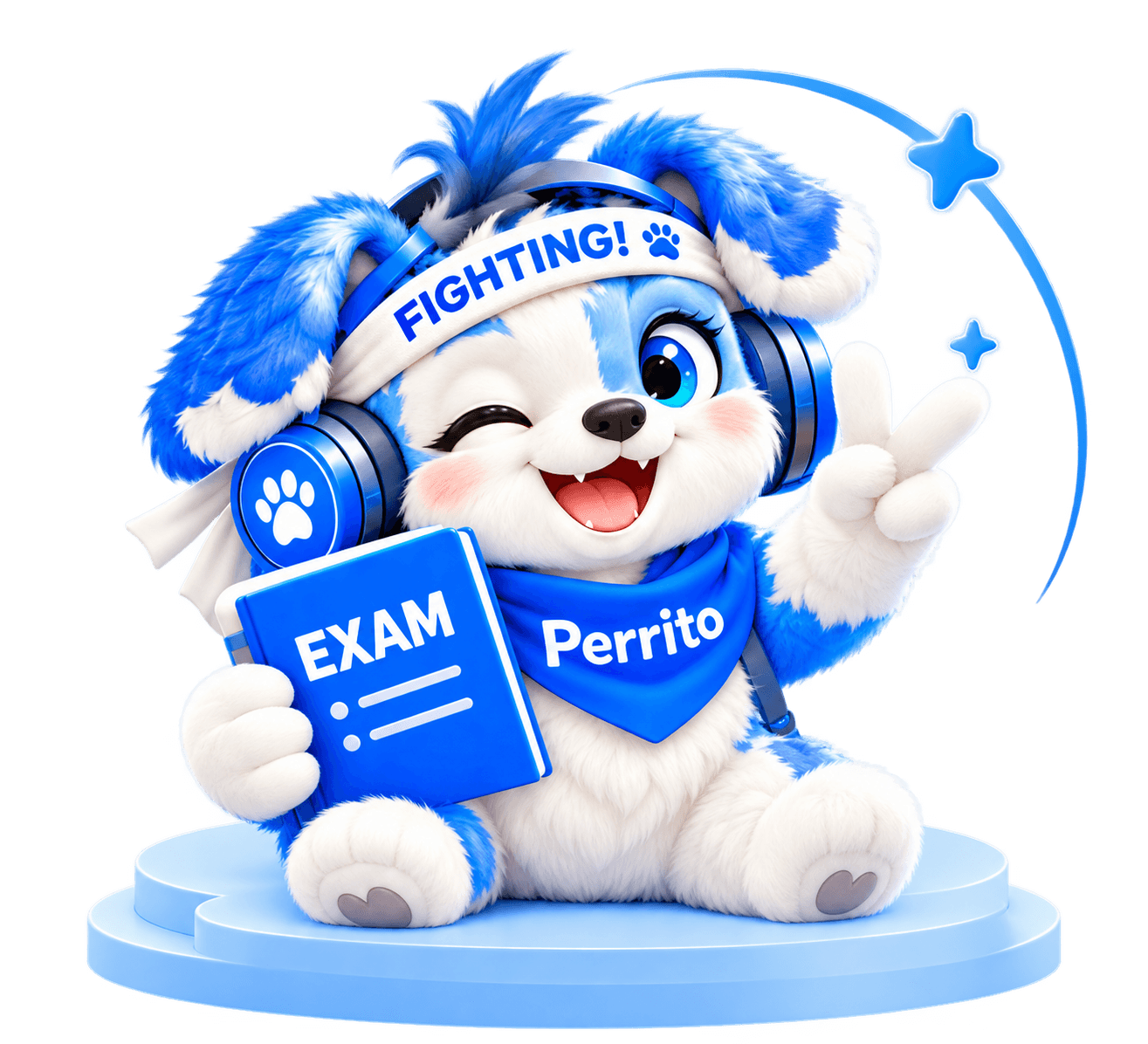 Perrito cầm sách EXAM, đeo tai nghe xanh và giơ tay cổ vũ